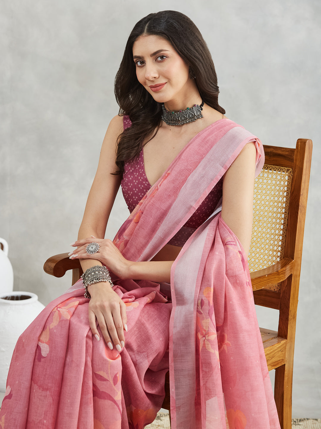 Janasya Mauve Linen Blend Floral Printed Saree | Swadesiicart