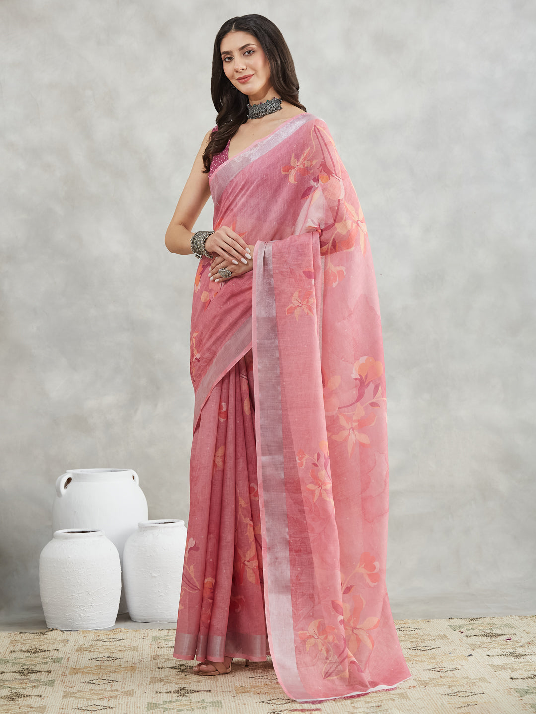 Janasya Mauve Linen Blend Floral Printed Saree | Swadesiicart