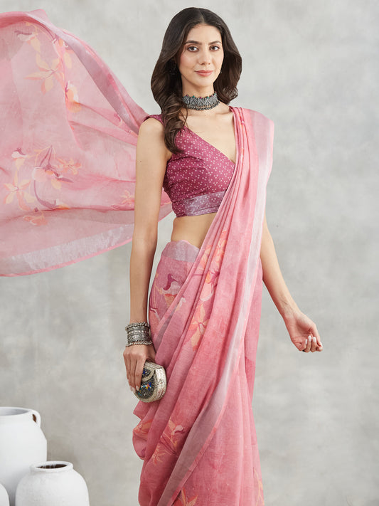 Janasya Mauve Linen Blend Floral Printed Saree | Swadesiicart