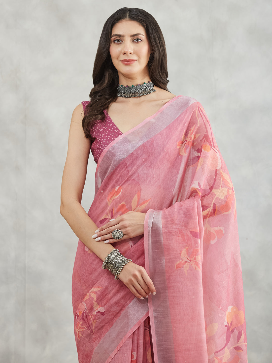 Janasya Mauve Linen Blend Floral Printed Saree | Swadesiicart