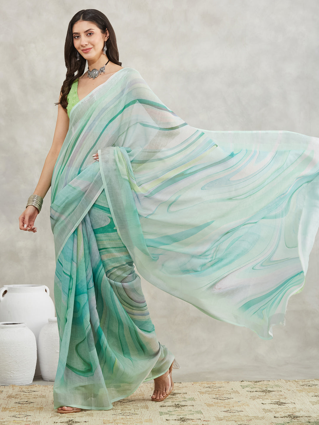 Janasya Sea Green Linen Blend Abstract Printed Saree | Swadesiicart