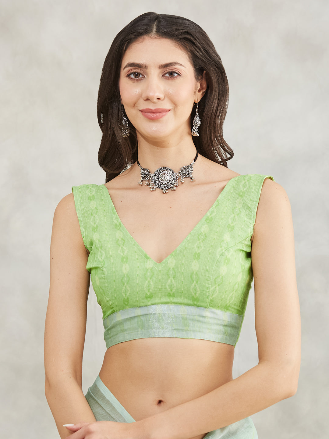 Janasya Sea Green Linen Blend Abstract Printed Saree | Swadesiicart