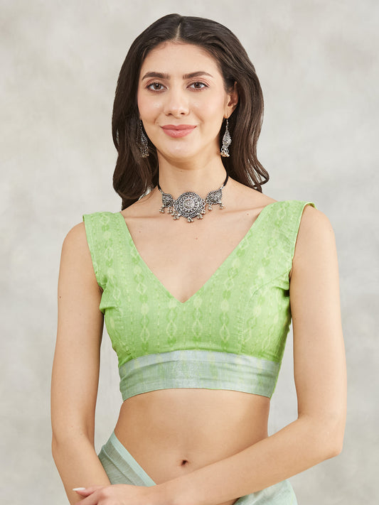 Janasya Sea Green Linen Blend Abstract Printed Saree | Swadesiicart