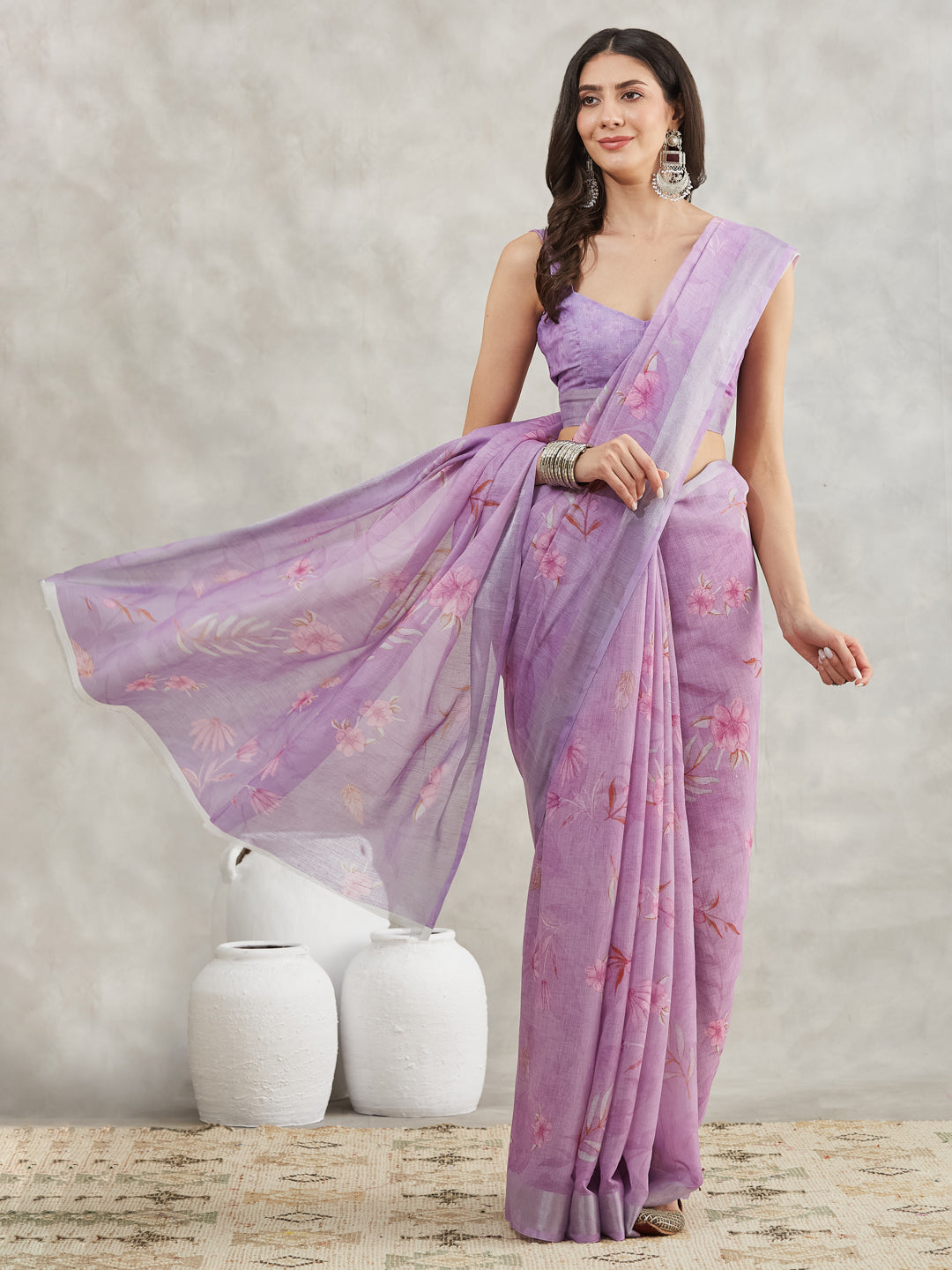 Janasya Lavender Linen Blend Floral Printed Saree | Swadesiicart