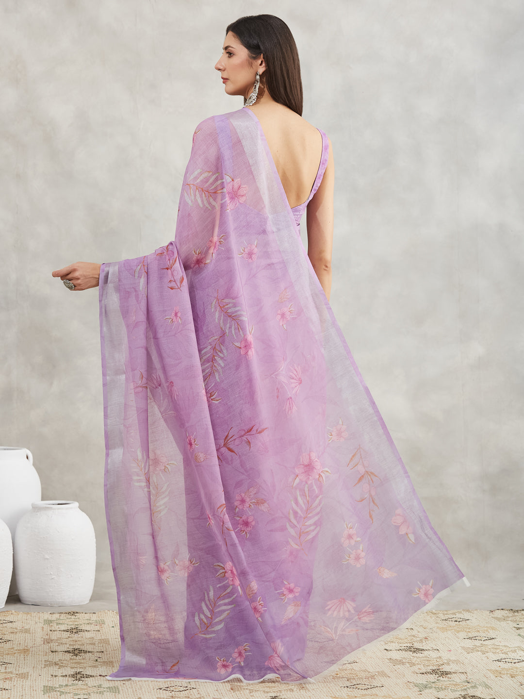 Janasya Lavender Linen Blend Floral Printed Saree | Swadesiicart