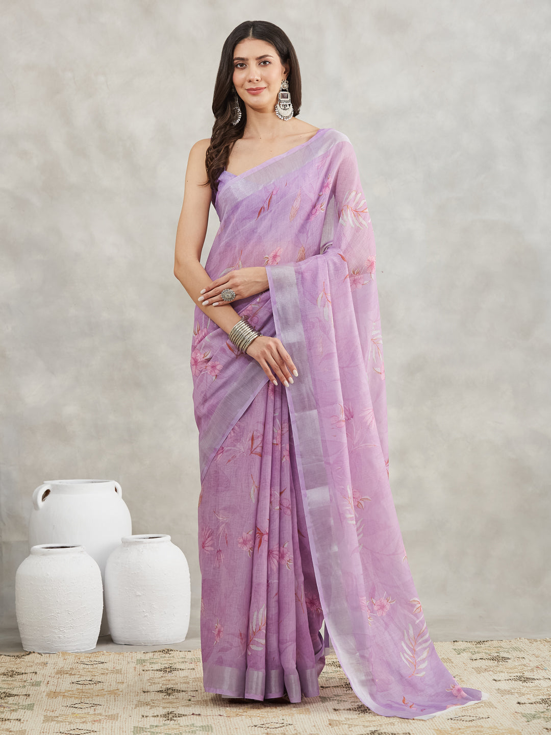 Janasya Lavender Linen Blend Floral Printed Saree | Swadesiicart