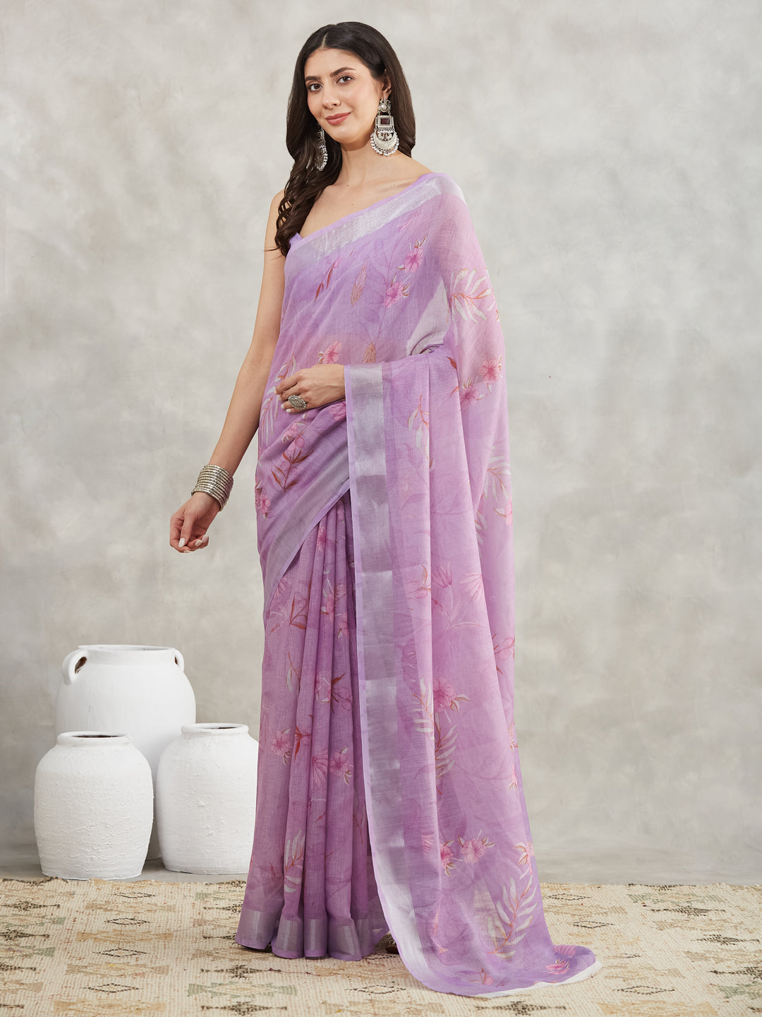 Janasya Lavender Linen Blend Floral Printed Saree | Swadesiicart