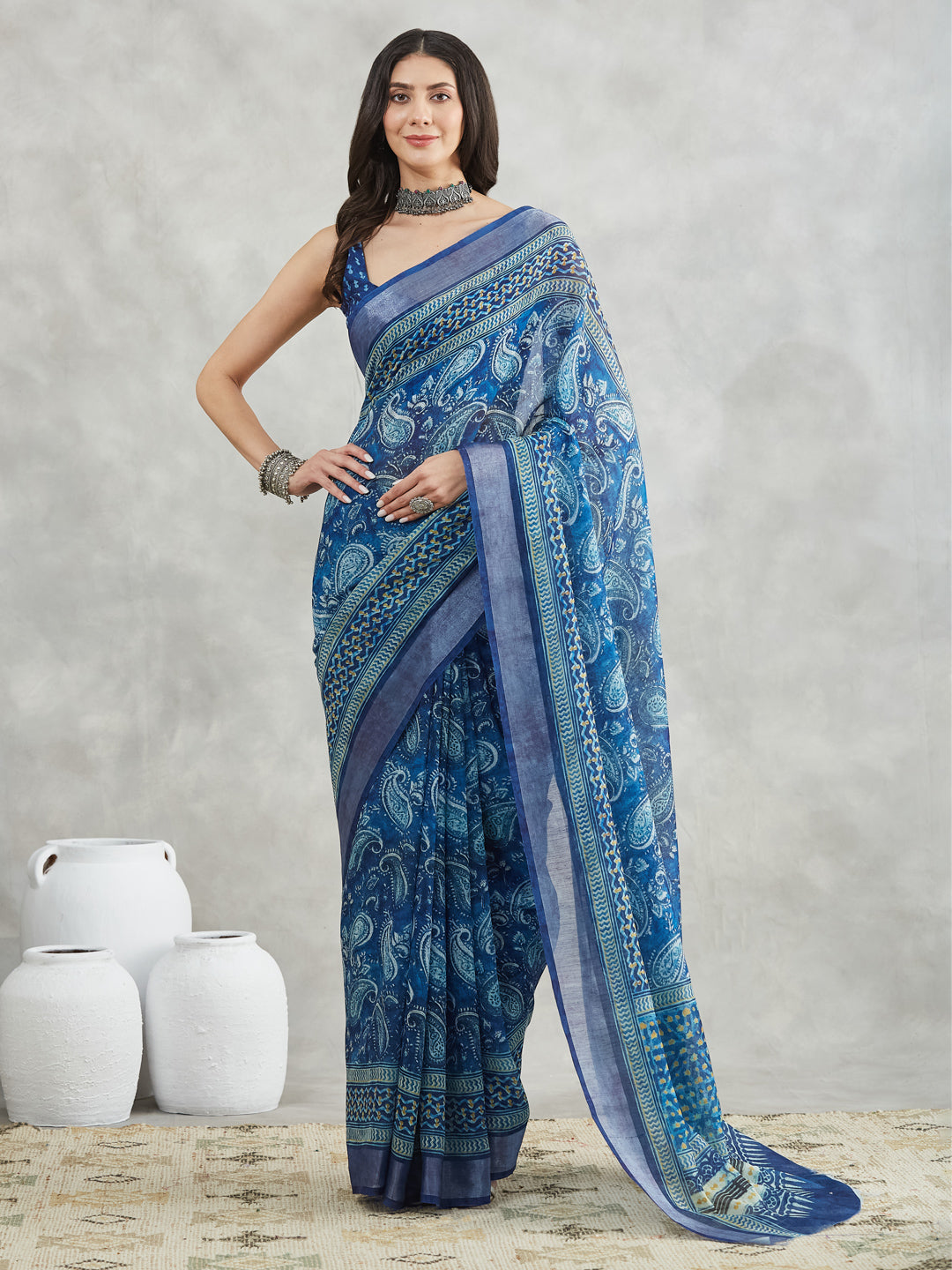 Janasya Blue Linen Blend Paisley Printed Saree | Swadesiicart
