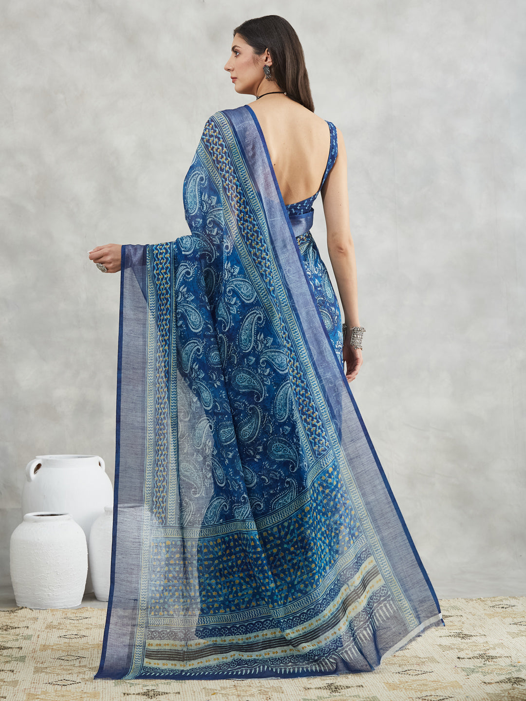 Janasya Blue Linen Blend Paisley Printed Saree | Swadesiicart