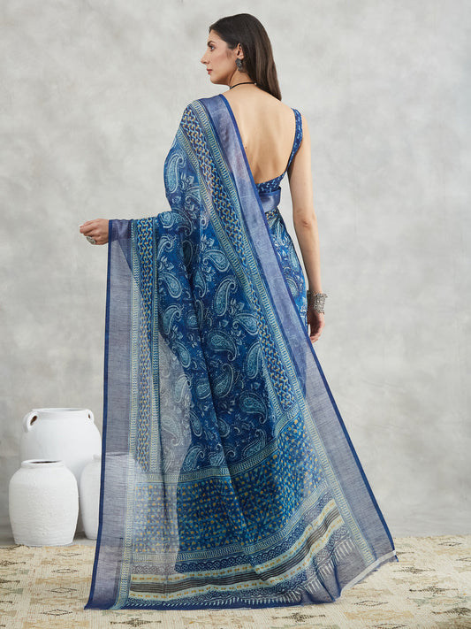 Janasya Blue Linen Blend Paisley Printed Saree | Swadesiicart