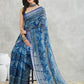 Janasya Blue Linen Blend Paisley Printed Saree | Swadesiicart