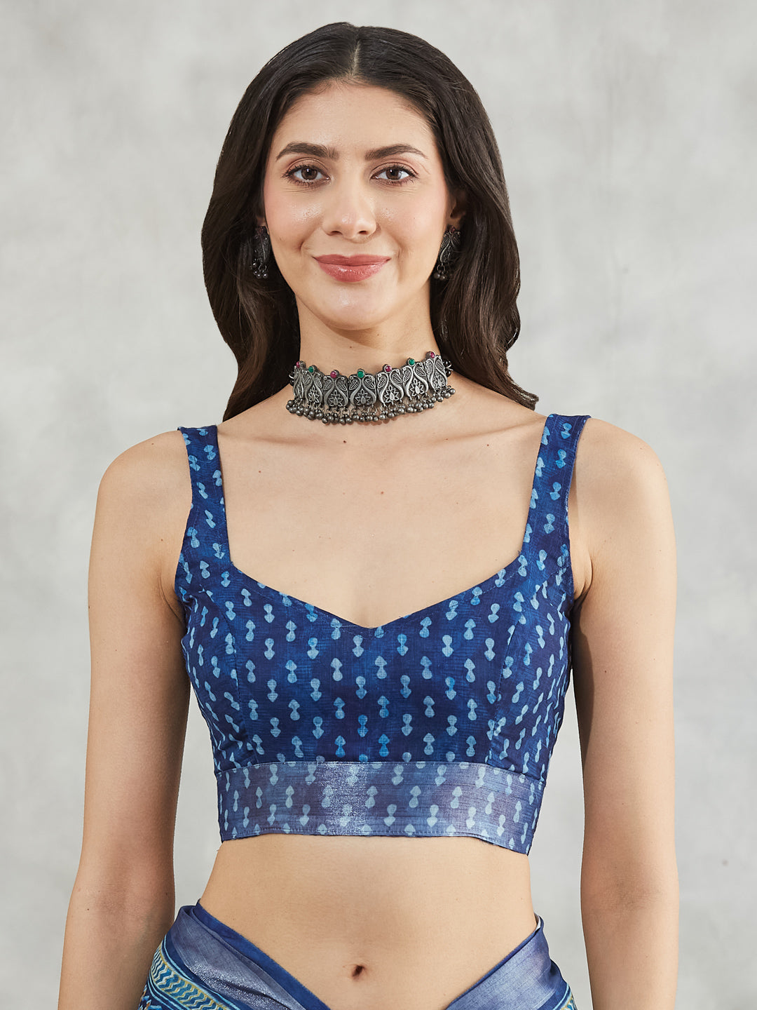 Janasya Blue Linen Blend Paisley Printed Saree | Swadesiicart