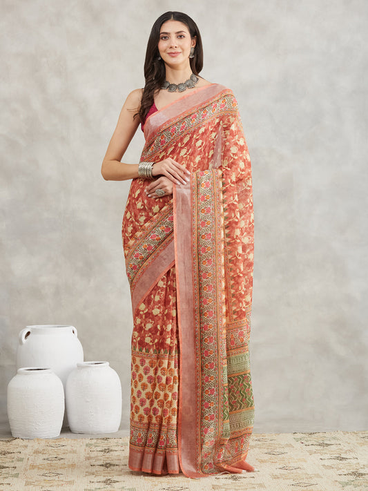 Janasya Rust Linen Blend Batik Printed Saree | Swadesiicart