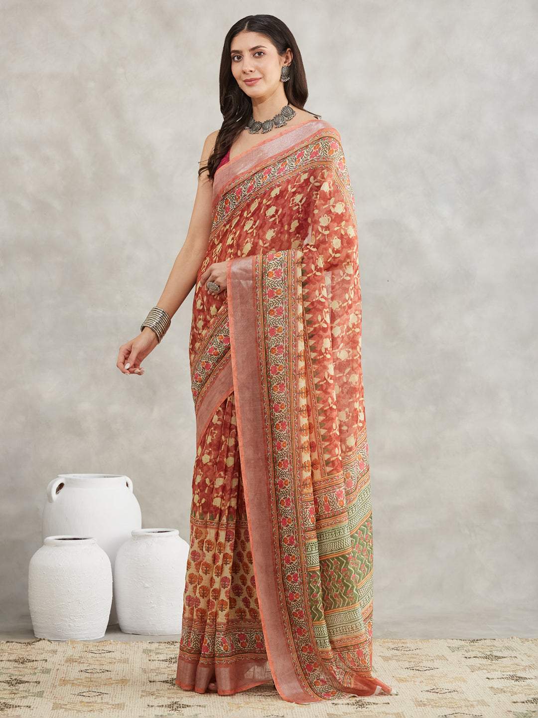 Janasya Rust Linen Blend Batik Printed Saree | Swadesiicart