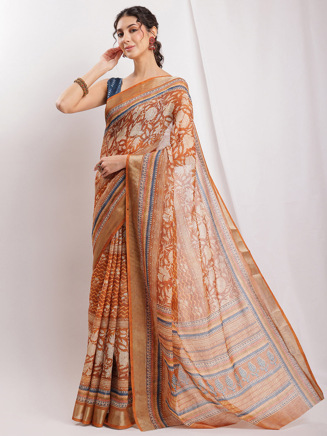 Janasya Brown Linen Blend Ethnic Motifs Printed Saree | Swadesiicart