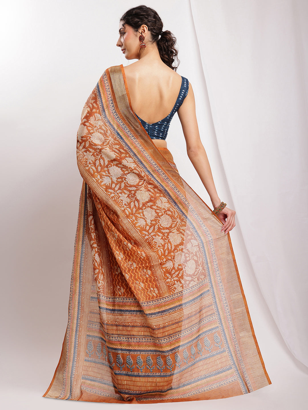 Janasya Brown Linen Blend Ethnic Motifs Printed Saree | Swadesiicart