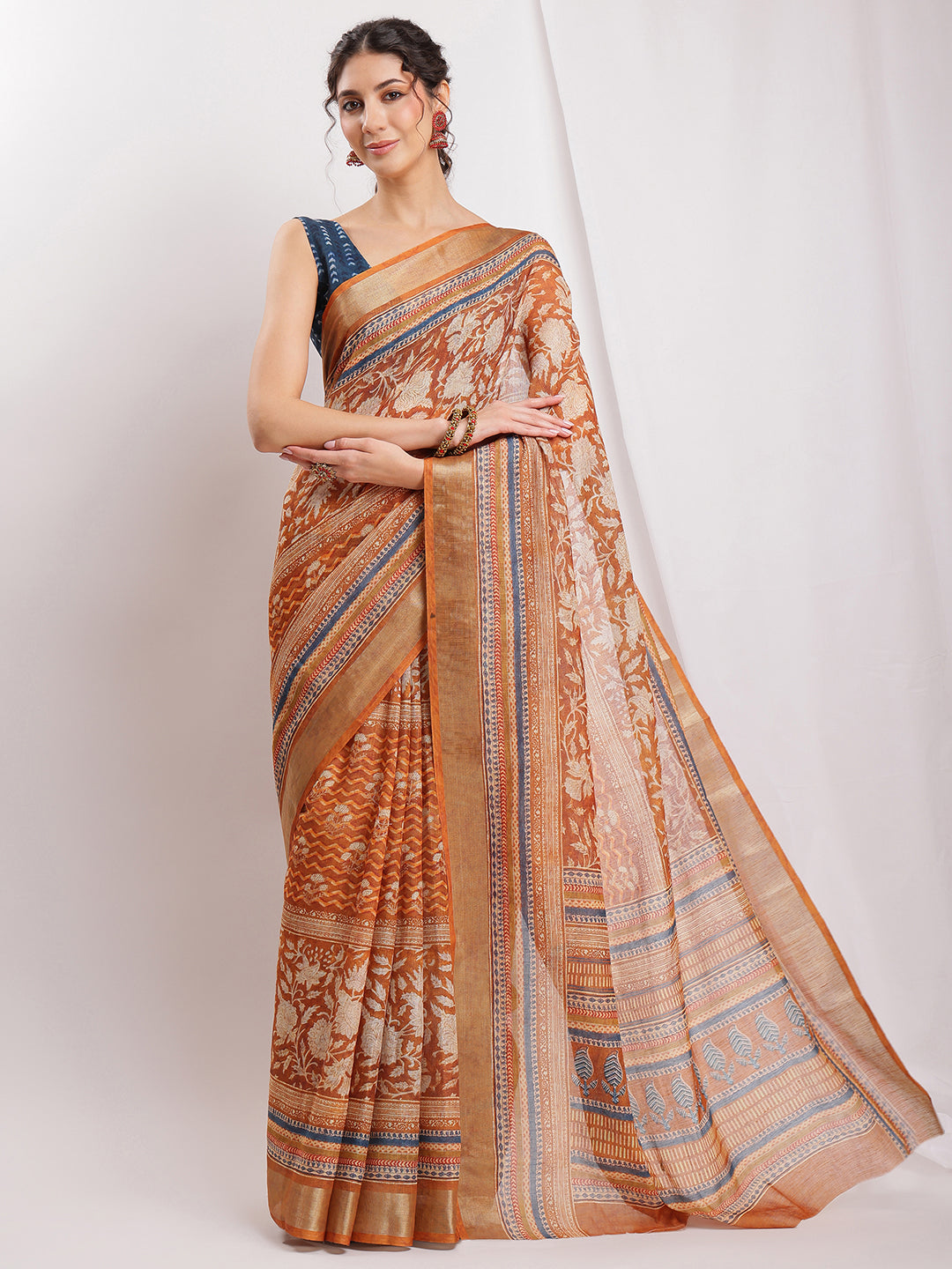 Janasya Brown Linen Blend Ethnic Motifs Printed Saree | Swadesiicart