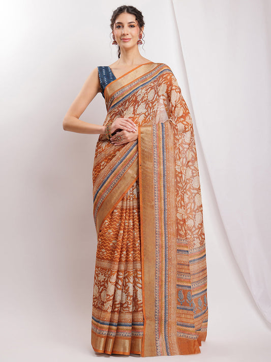 Janasya Brown Linen Blend Ethnic Motifs Printed Saree | Swadesiicart