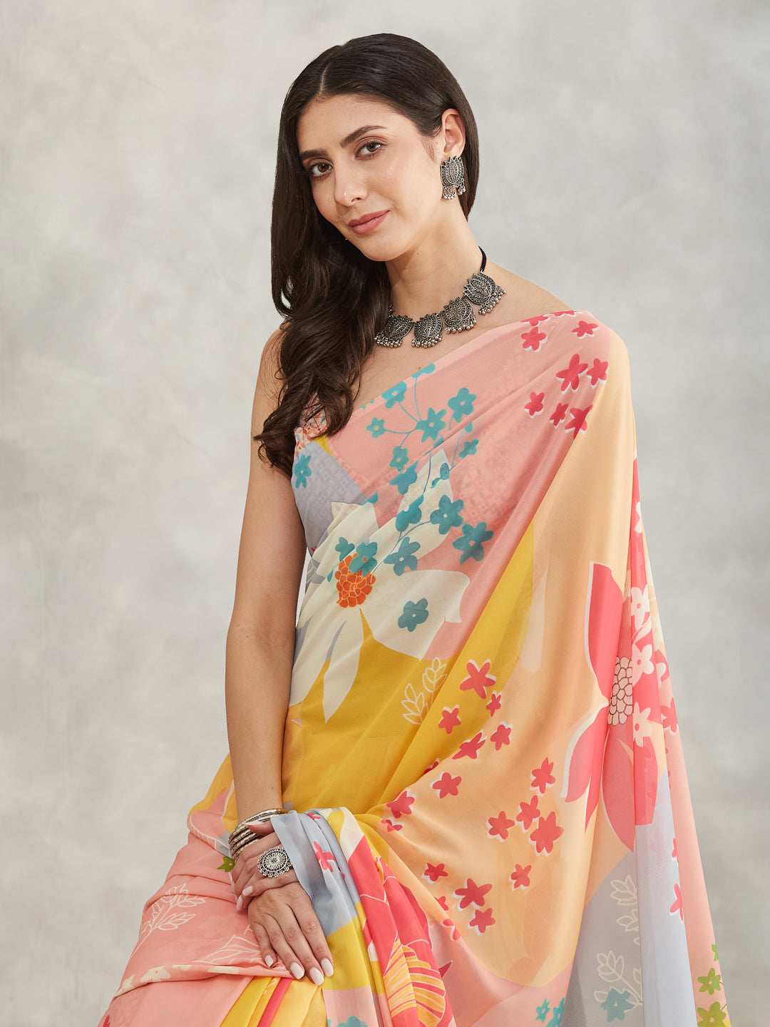 Janasya Multicolor Georgette Floral Printed Saree | Swadesiicart