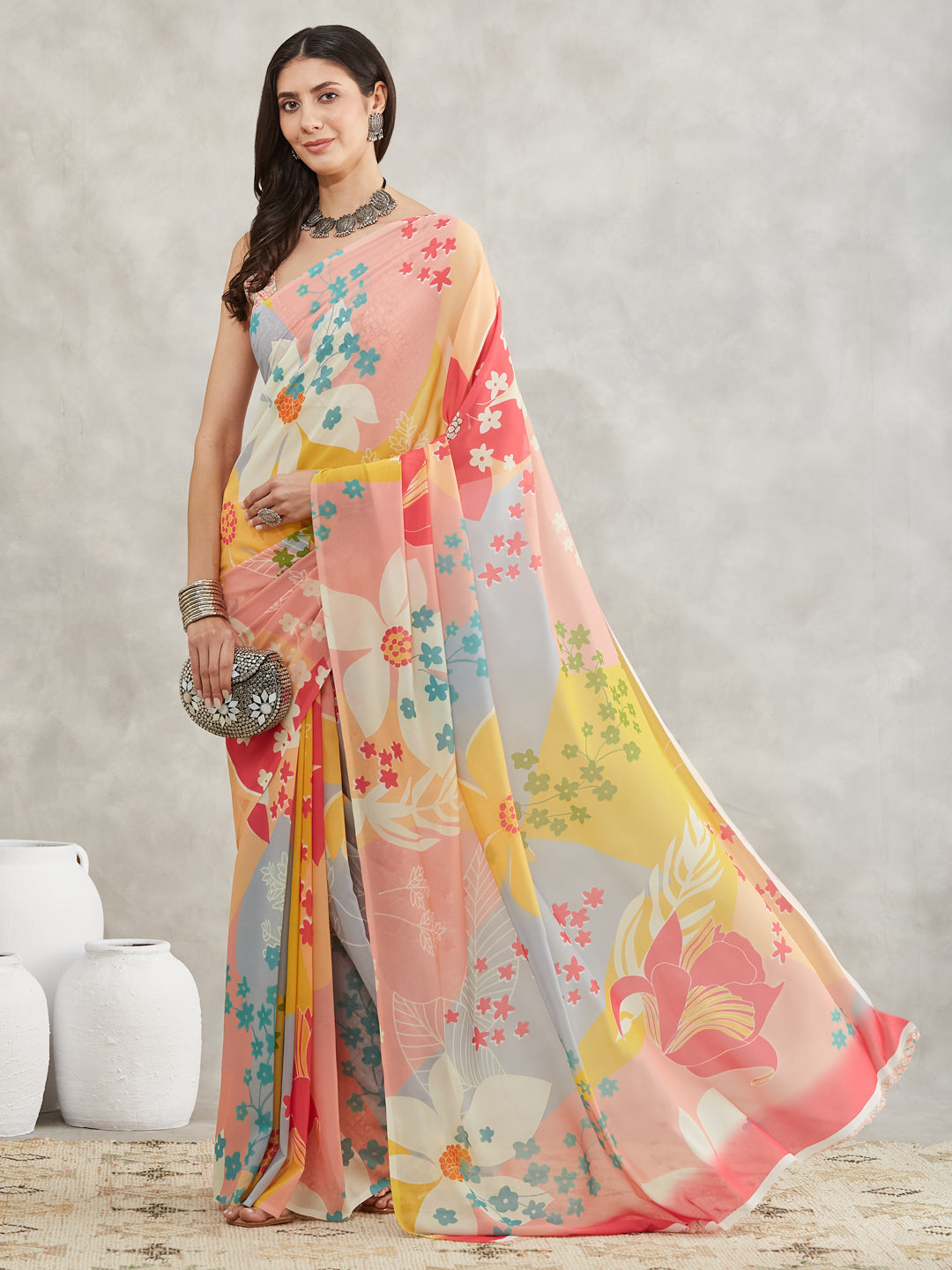 Janasya Multicolor Georgette Floral Printed Saree | Swadesiicart