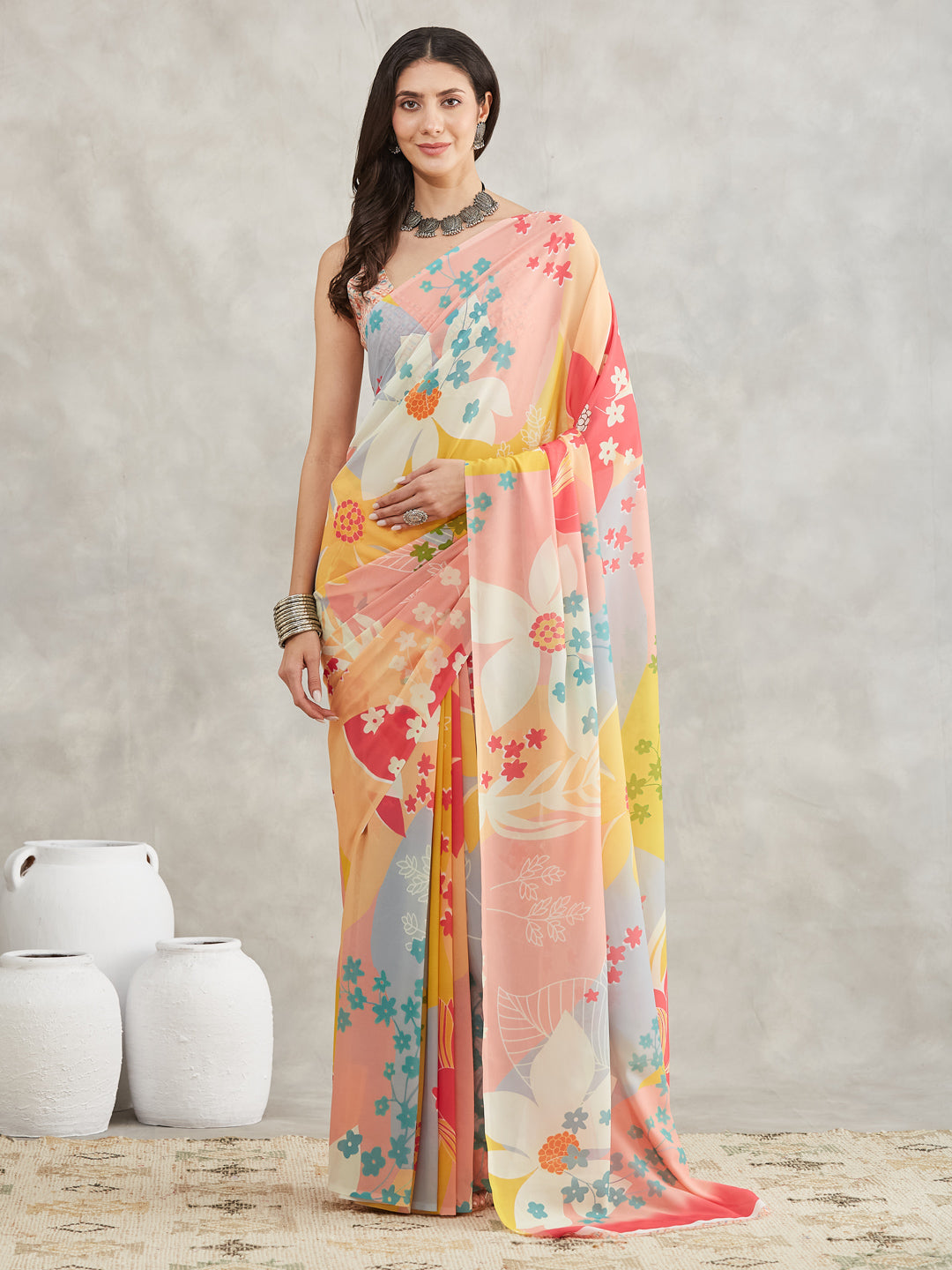 Janasya Multicolor Georgette Floral Printed Saree | Swadesiicart