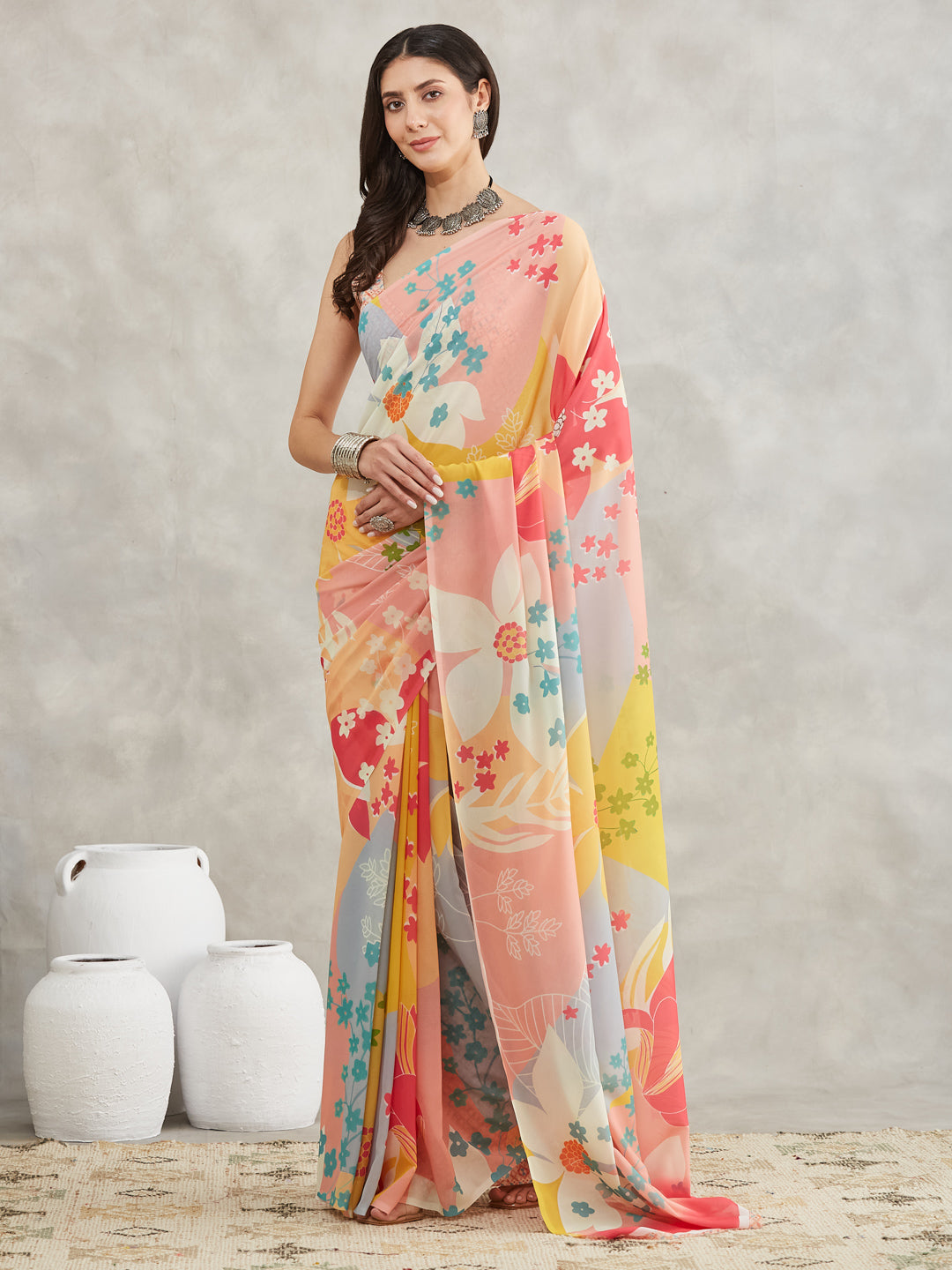 Janasya Multicolor Georgette Floral Printed Saree | Swadesiicart