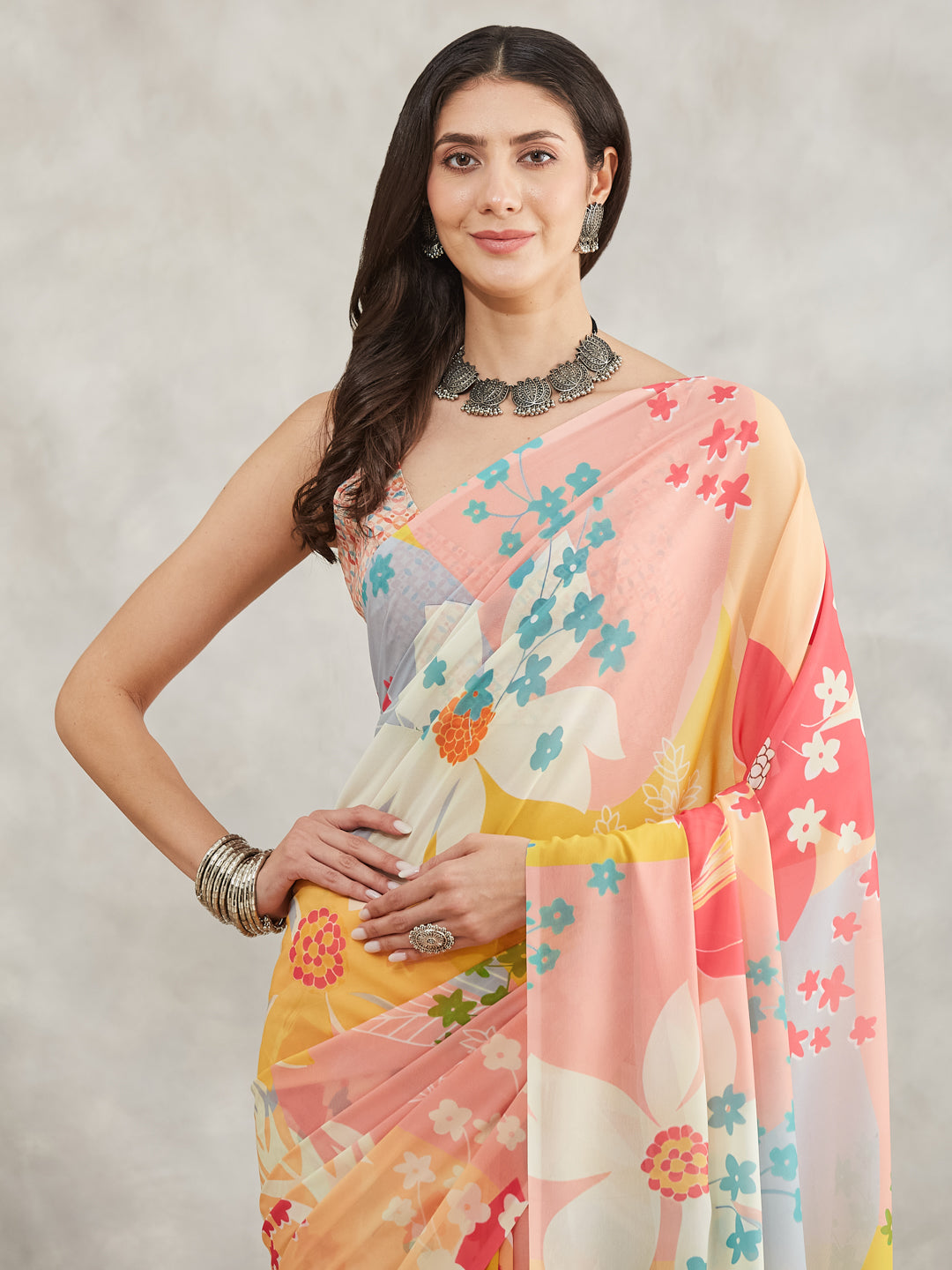 Janasya Multicolor Georgette Floral Printed Saree | Swadesiicart