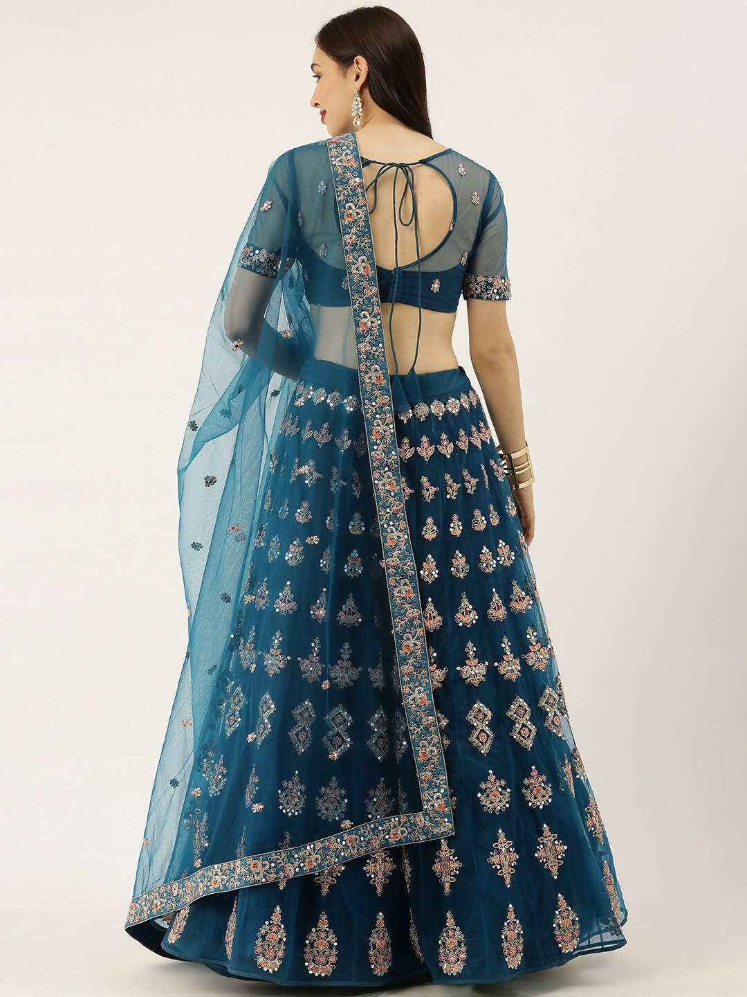 House of Panchhi Teal Net Semi stitched Mirror and Coding Work Lehenga Choli | Swadesiicart