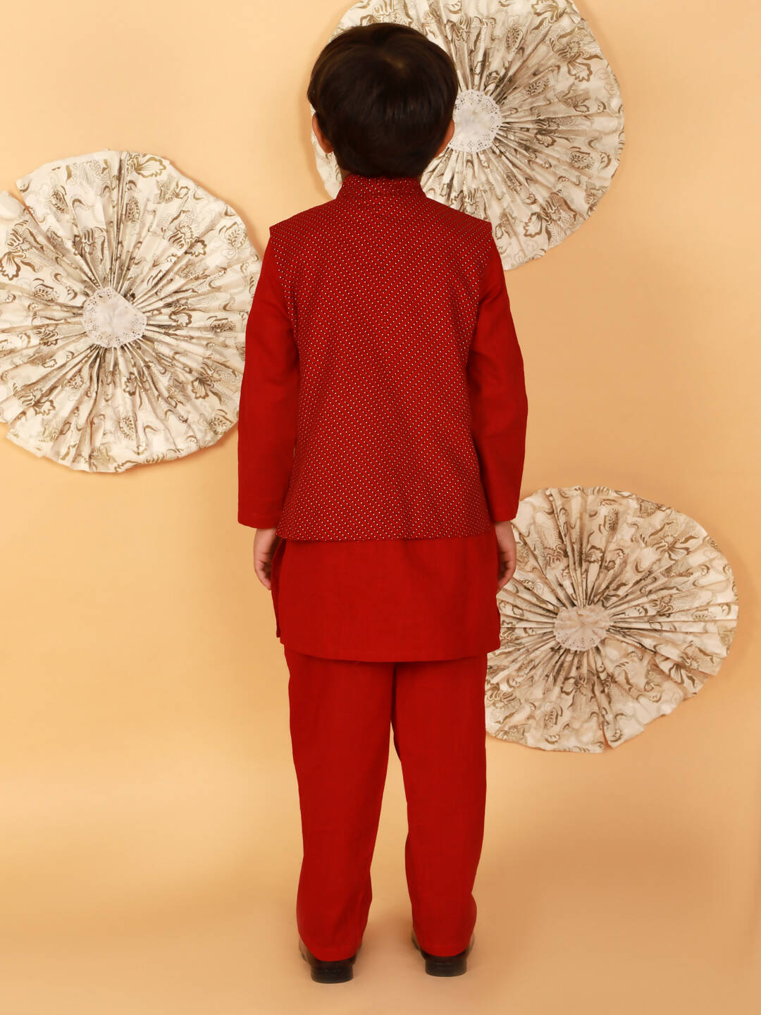 Lil Drama Boys Kurta Pyjama With Jacket Set - Red | Swadesiicart