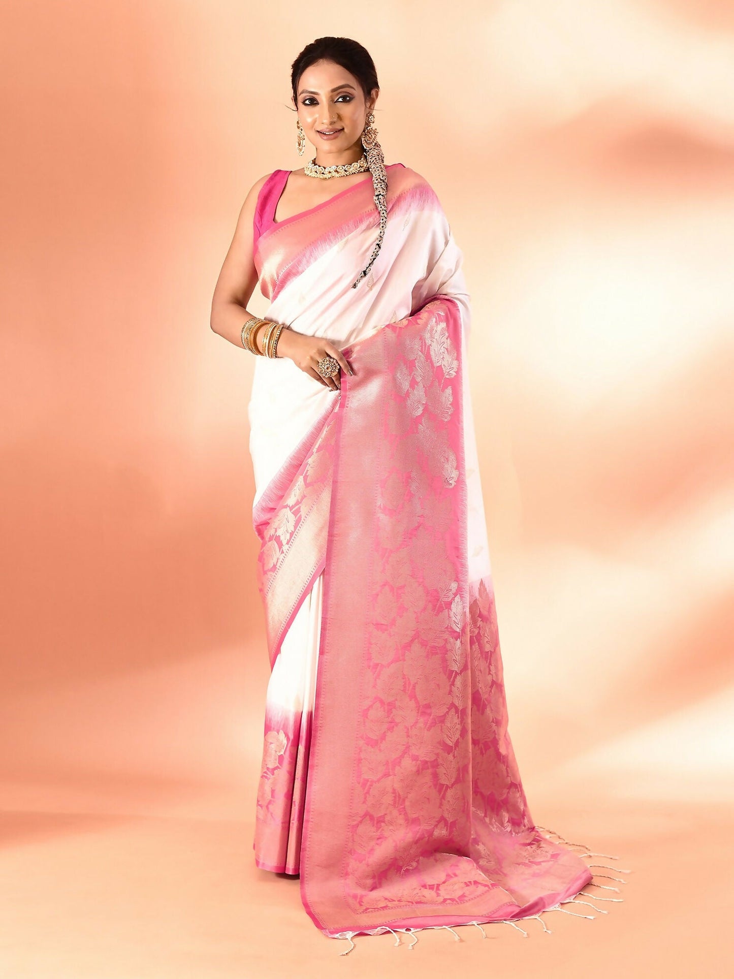 Joban Fashion White & Rani Pink Plain With Weaving Border Banarasi Silk Sarees | Swadesiicart