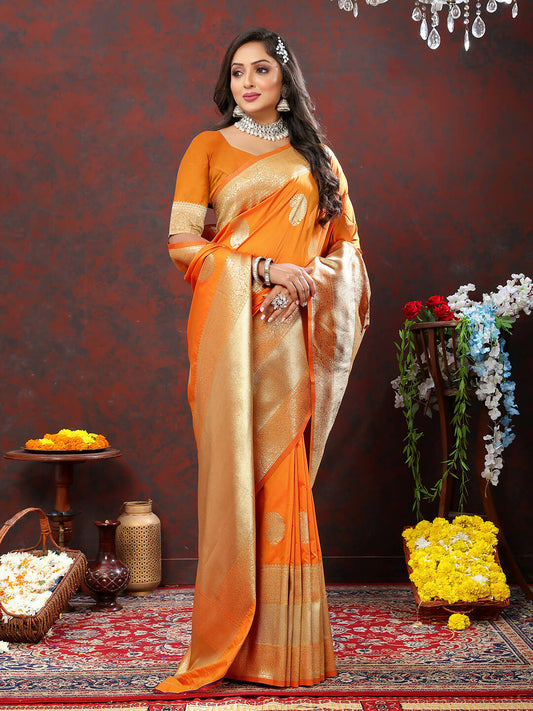 Lorenvalley Fashion Orange Soft Silk Woven Design Gold Zari Weaving Saree - Swadesiicart