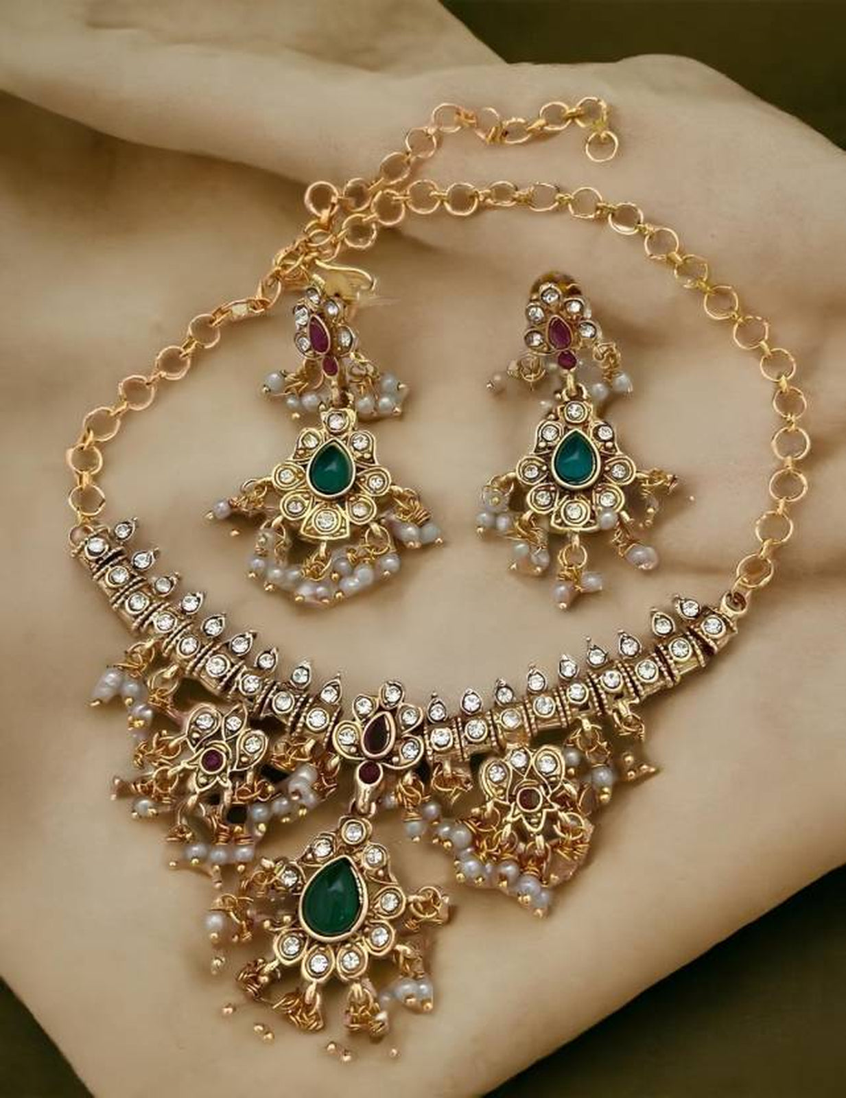 Jewel City Elegant Kundan Choker Set - Gold-Plated Pearl Drop Necklace with Green & Ruby Stones and Matching Earrings | Swadesiicart