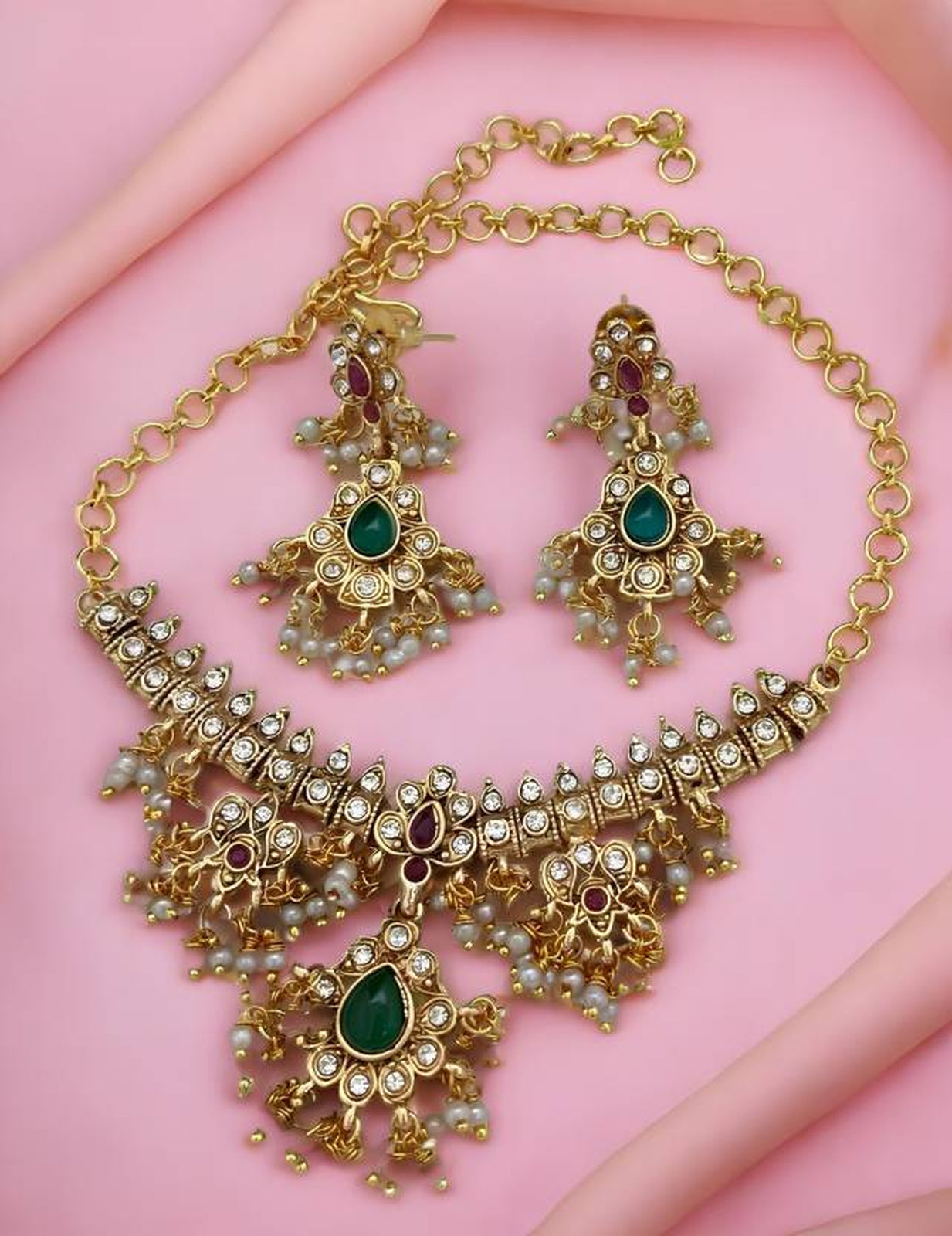 Jewel City Elegant Kundan Choker Set - Gold-Plated Pearl Drop Necklace with Green & Ruby Stones and Matching Earrings | Swadesiicart