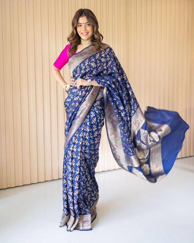 NOZ2TOZ Women Banarasi Silk Woven Saree With Blouse Piece - Blue | Swadesiicart