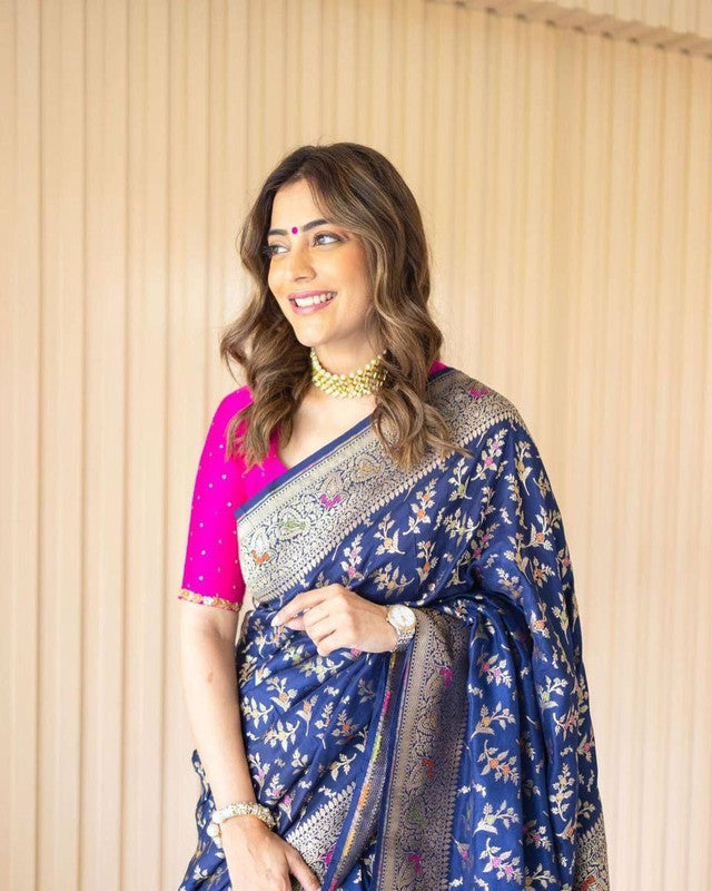 NOZ2TOZ Women Banarasi Silk Woven Saree With Blouse Piece - Blue | Swadesiicart
