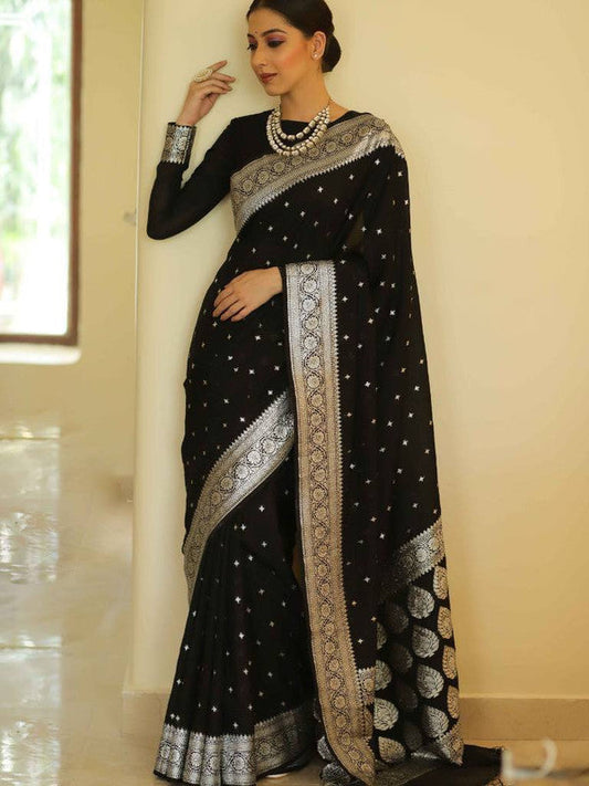 NOZ2TOZ Women Banarasi Silk Woven Saree With Blouse Piece - Black | Swadesiicart