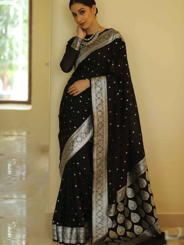 NOZ2TOZ Women Banarasi Silk Woven Saree With Blouse Piece - Black | Swadesiicart