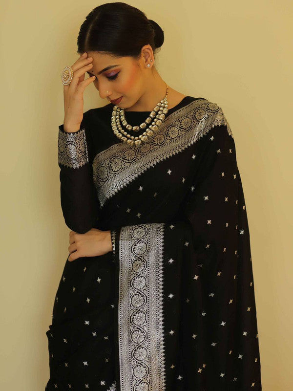 NOZ2TOZ Women Banarasi Silk Woven Saree With Blouse Piece - Black | Swadesiicart