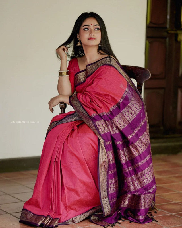 NOZ2TOZ Women Banarasi Silk Woven Saree With Blouse Piece - Pink | Swadesiicart