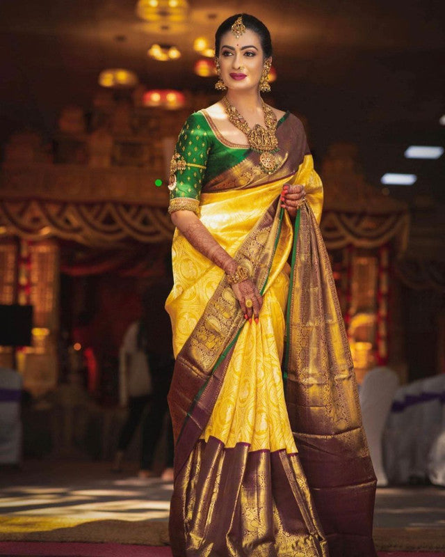 NOZ2TOZ Women Banarasi Silk Woven Saree With Blouse Piece - Yellow | Swadesiicart