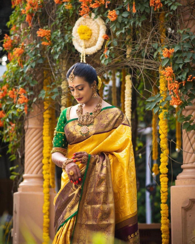 NOZ2TOZ Women Banarasi Silk Woven Saree With Blouse Piece - Yellow | Swadesiicart