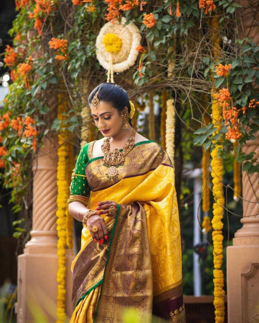 NOZ2TOZ Women Banarasi Silk Woven Saree With Blouse Piece - Yellow | Swadesiicart