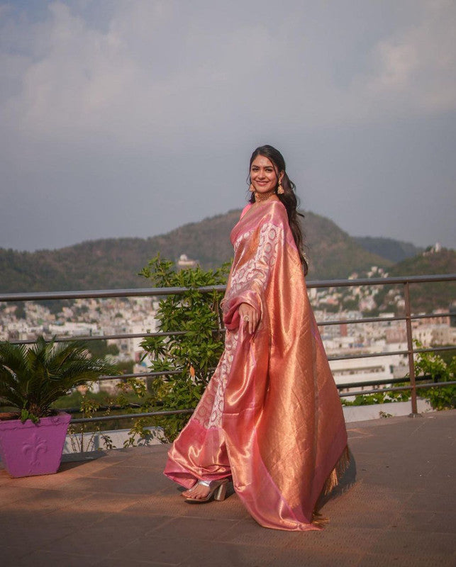 NOZ2TOZ Women Banarasi Silk Woven Saree With Blouse Piece - Pink | Swadesiicart