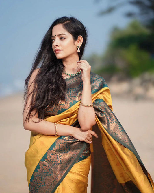 NOZ2TOZ Women Banarasi Silk Woven Saree With Blouse Piece - Yellow | Swadesiicart
