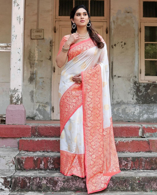 NOZ2TOZ Women Banarasi Silk Woven Saree With Blouse Piece - white | Swadesiicart