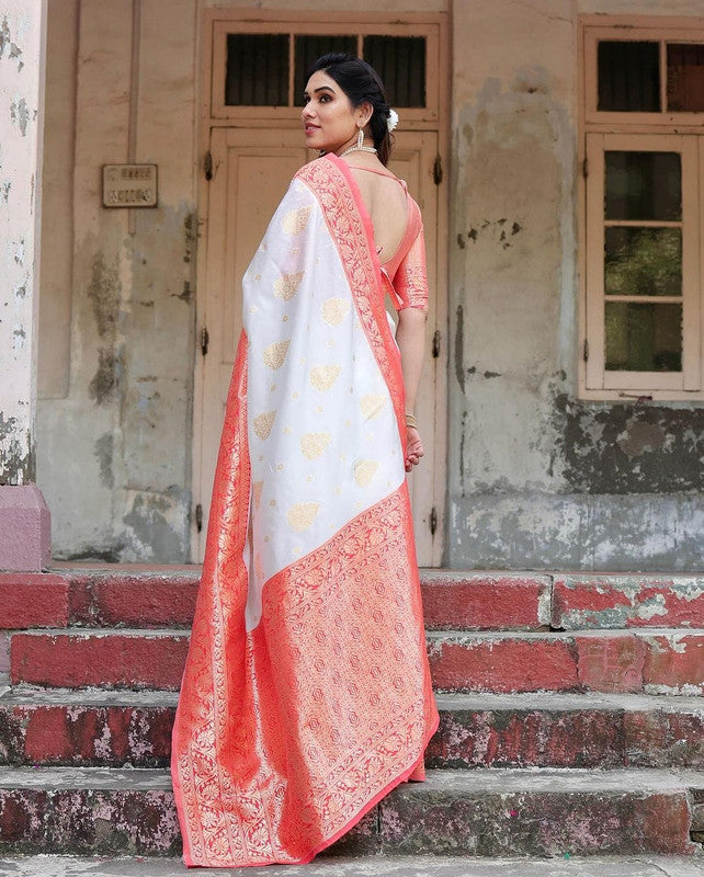 NOZ2TOZ Women Banarasi Silk Woven Saree With Blouse Piece - white | Swadesiicart