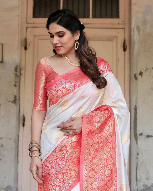 NOZ2TOZ Women Banarasi Silk Woven Saree With Blouse Piece - white | Swadesiicart