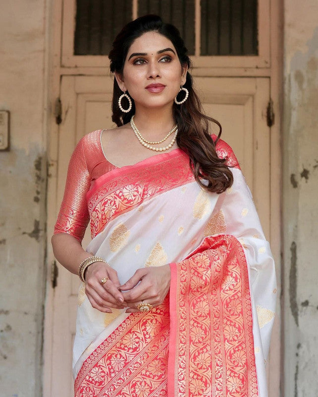 NOZ2TOZ Women Banarasi Silk Woven Saree With Blouse Piece - white | Swadesiicart