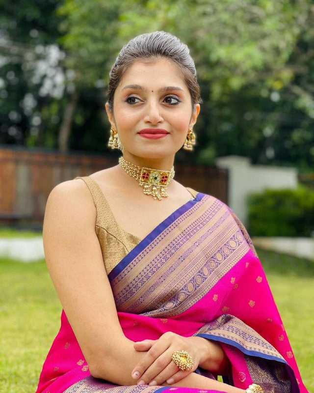 NOZ2TOZ Women Banarasi Silk Woven Saree With Blouse Piece - Pink | Swadesiicart