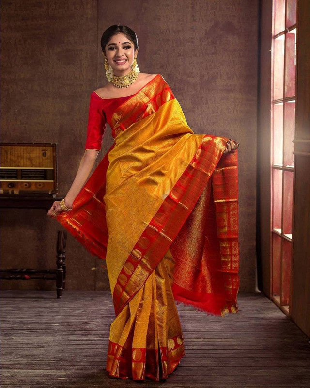 NOZ2TOZ Women Banarasi Silk Woven Saree With Blouse Piece - Mustard | Swadesiicart